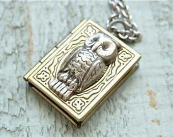 Whimsical vintage style locket necklace. Antique brass locket with a silver owl. Jewelry by Sweet And Simple.