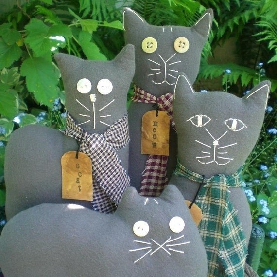 Kitty Cat Dolls Primitive Folk Art Gray Flannel-Set of 4