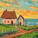Painting of seascape cottage and laundry with sailboats by Russ Potak