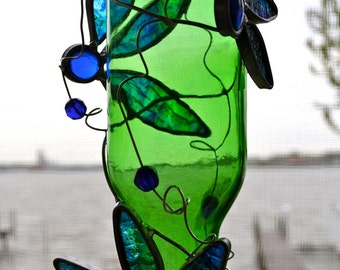 Hummingbird Feeder Blue Green Flower from Recycled Beer Bottle