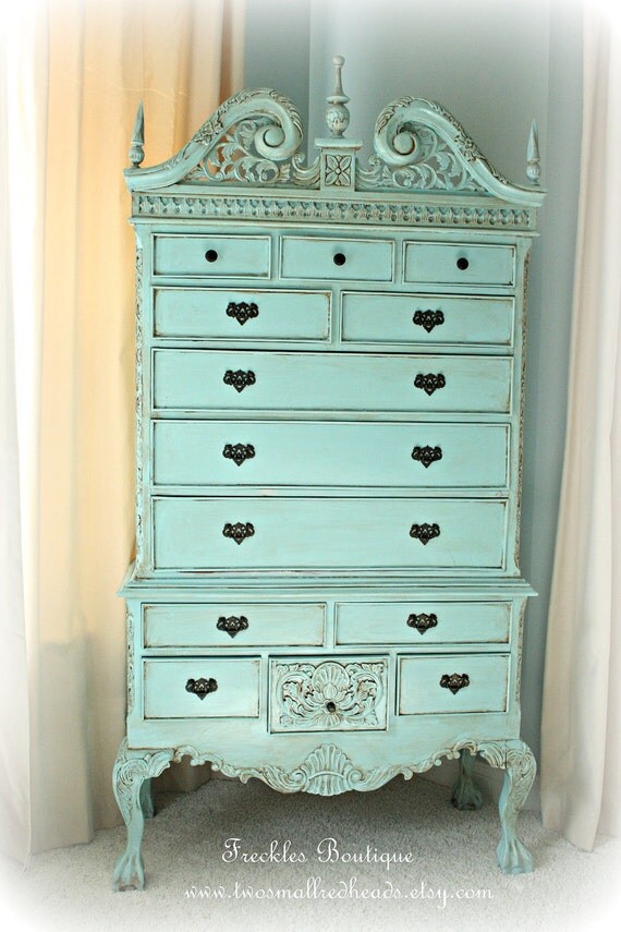 Items similar to Cottage shabby style painted highboy dresser highly
