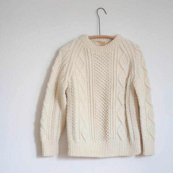 50s Cream White Fisherman Cable Chunky Hand Knit Jumper