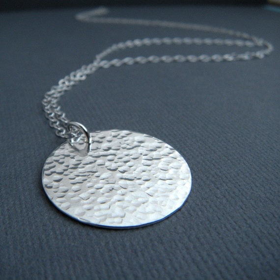 LONG silver necklace hammered circle. large pendant.