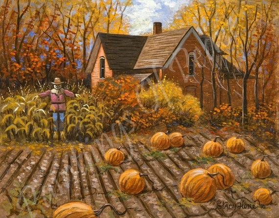 Autumn Painting Autum Trees Pumpkin Patch Scarecrow 11 x