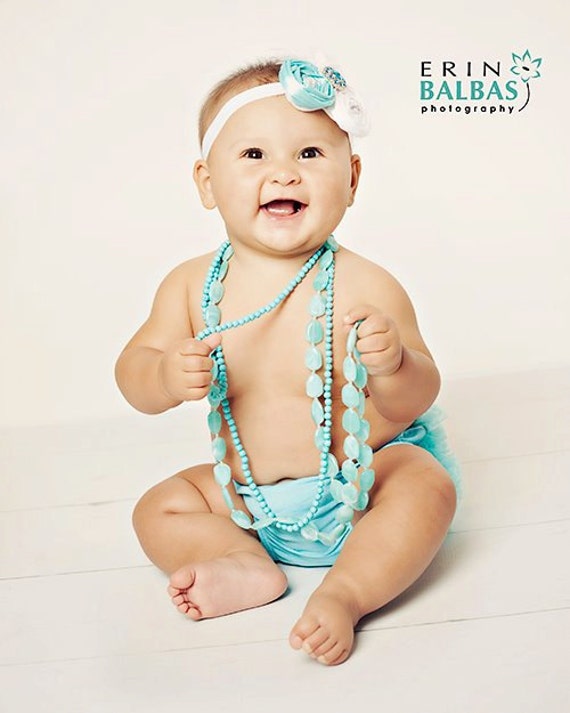Newborn headbands...Baby headbands..Aqua and white by Ellasbows