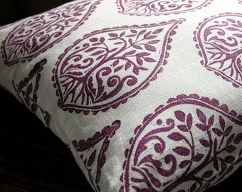 Deep Purple hand printed tree fern home decor decorative white linen pillow case