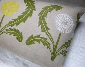 gray and olive green hand block printed dandelion linen pillow