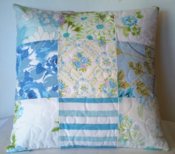 Handmade quilted pillow cover blue patchwork by LizTaylorHandmade