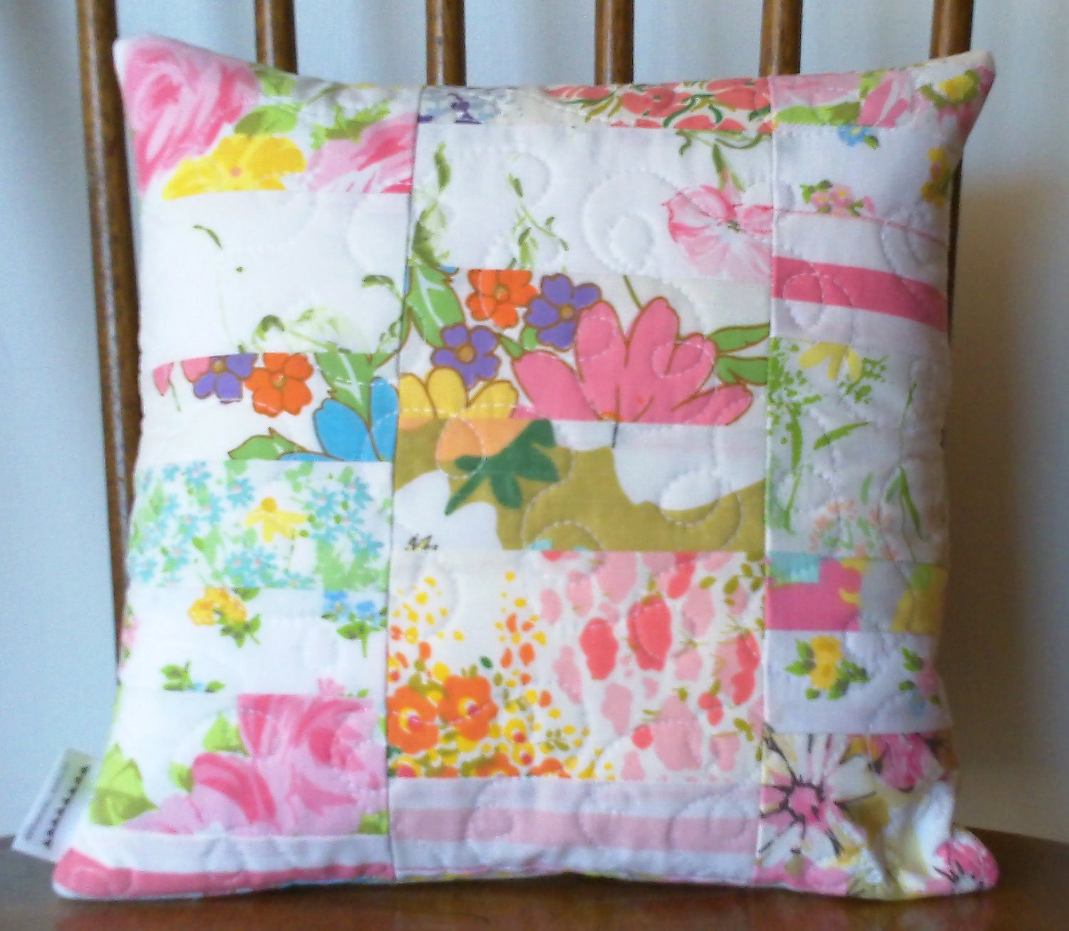 Handmade quilted pillow cover pink patchwork by LizTaylorHandmade