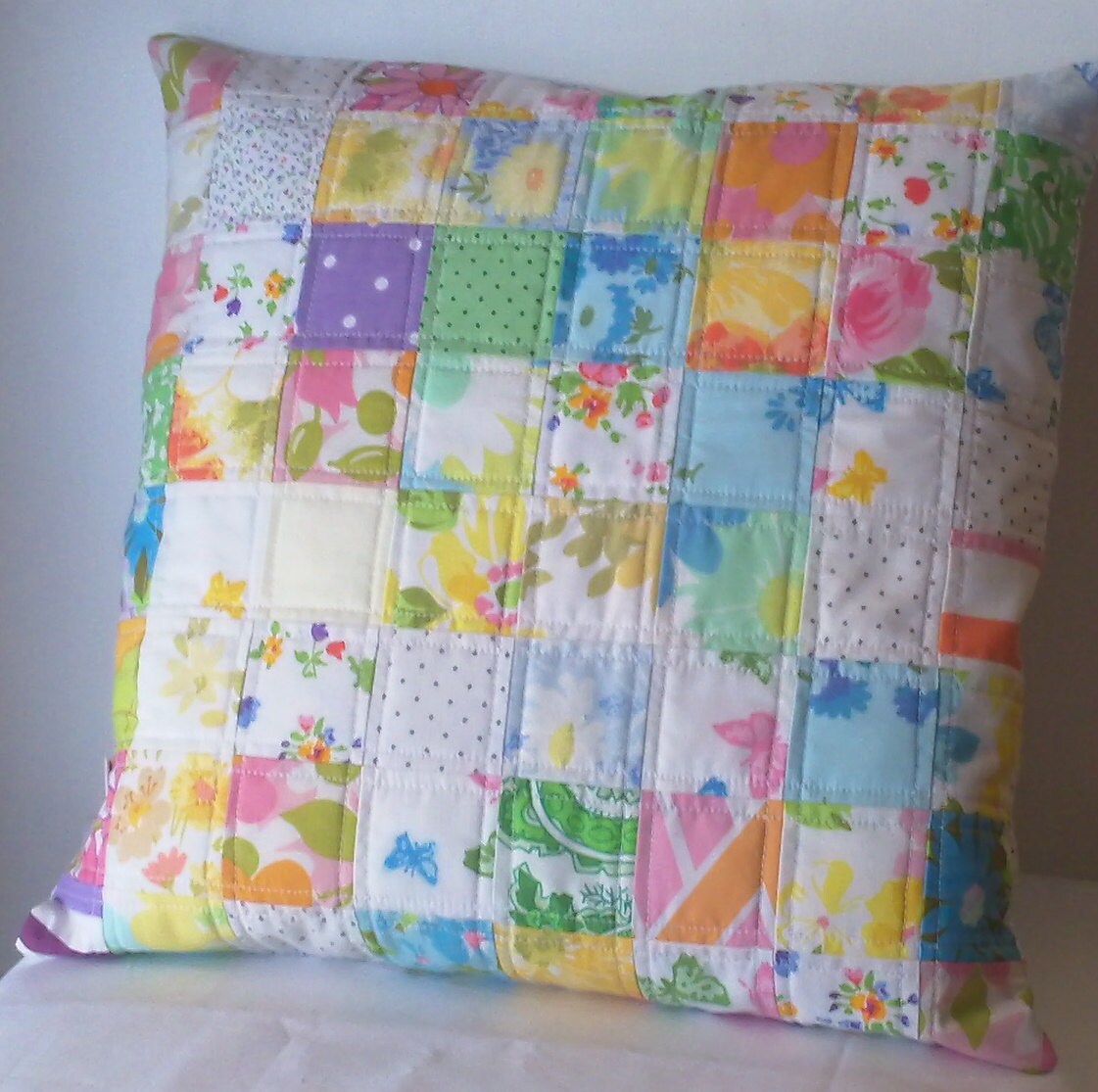Handmade quilted pillow cover patchwork vintage sheets