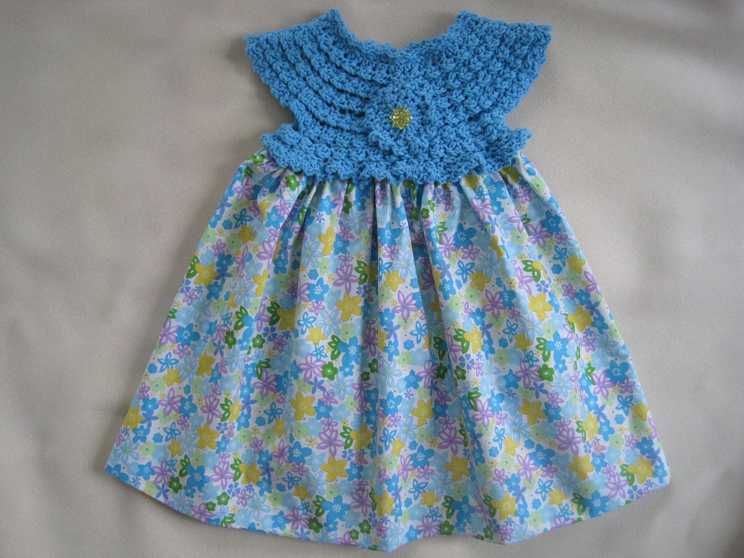 Dress BLUE WITH FLOWERS Crochet Bodice Fabric Skirt