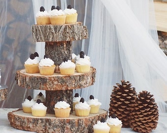 Rustic Wood Tree Slice 3 Tier Cake And Cupcake Stand For Your Wedding Event Rustic Wood Tree Slice 3 Tier Cake And Cupcake Stand For Your Wedding Event