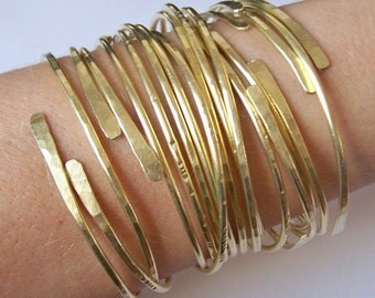 Gold Bangles - Thick Open End Bangle Bracelets - 15 Bangles - Hammered Smooth Notched Dimpled - Made to Order in Solid Brass