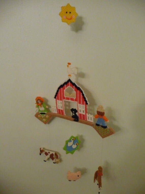 Darling Vintage Needlepoint Nursery Mobile Farm Theme