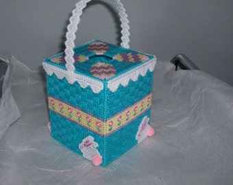 Easter Basket & Bunny Tissue Box Cover, Needlepoint Easter Basket Tissue Box Cover