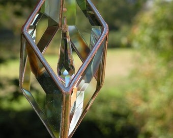 3D Stained Glass Beveled Suncatcher with Swarovski crystal prism hanging inside