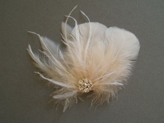 Ivory Feather Hair Clip BRIDAL WEDDING FASCINATOR w/ Rhinestone ...