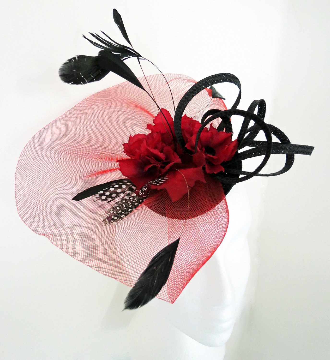 Red Fascinator Red Black Wedding Hat Feather Fascinator