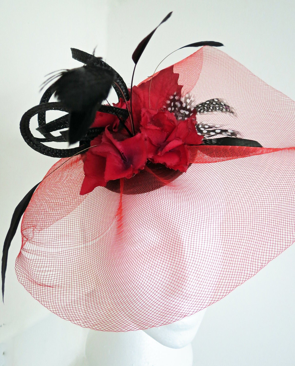 Red Fascinator Red Black Wedding Hat Feather Fascinator