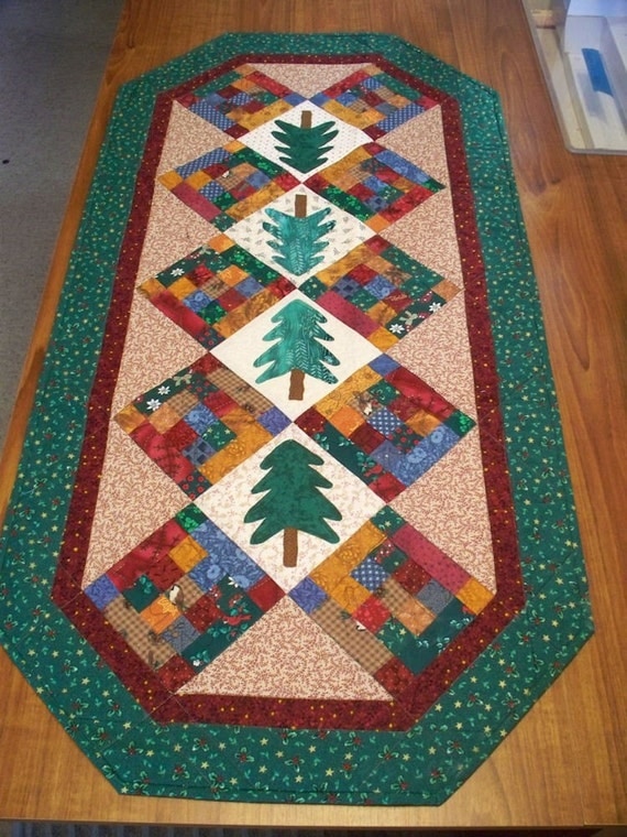 Quilted Table Runner Pine Trees And Log Cabins