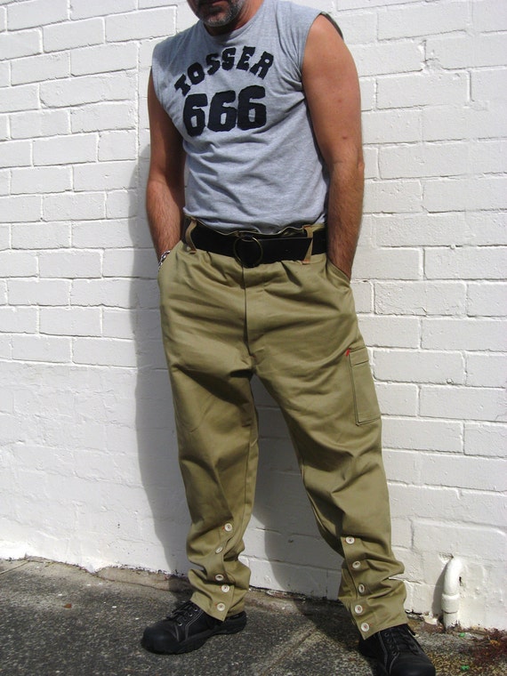 Men's olive drop-crotch cotton drill work pants. Size by urbandon