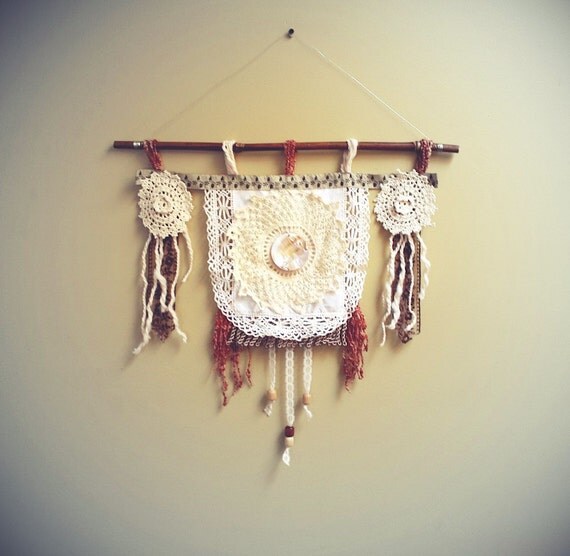Vintage Doily Wall Hanging Cream Lace Rust Fringe Tribal Style