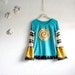 Women's Bohemian Top Teal Gold Upcycled Clothing Bell Sleeves Peasant Clothes Boho Shirt Large 'MARIELLE'