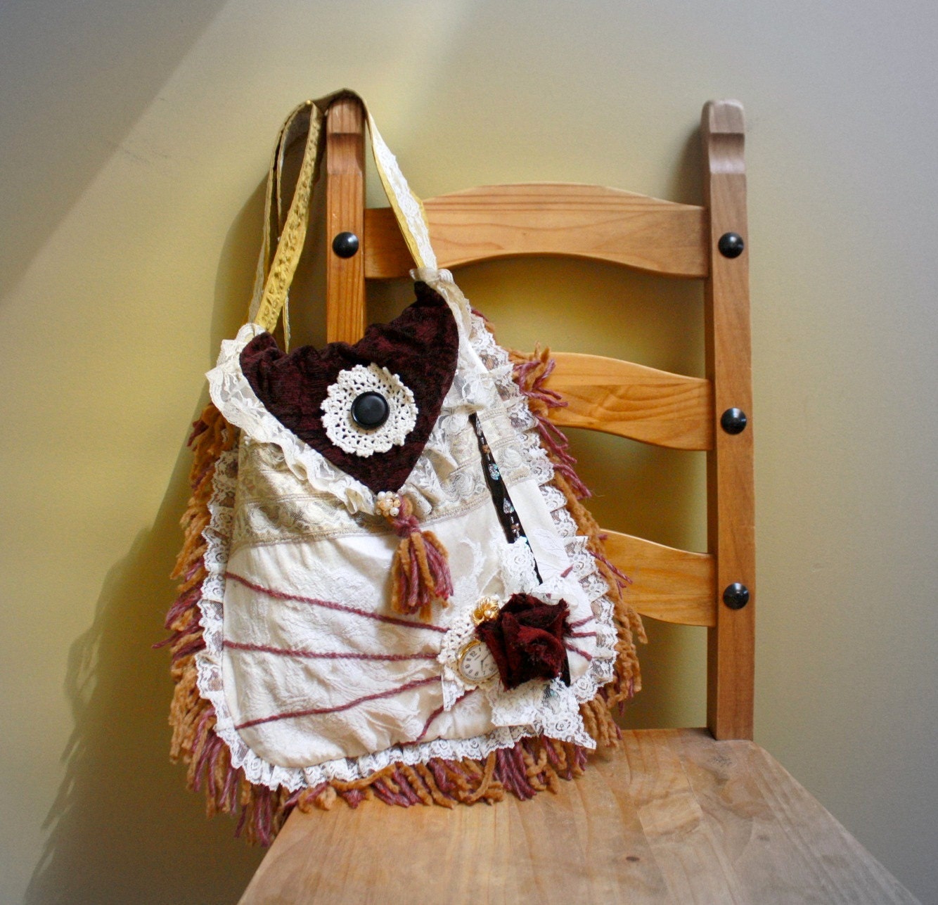 Upcycled Bohemian Messenger Bag Purse Burgundy Cream Fringe