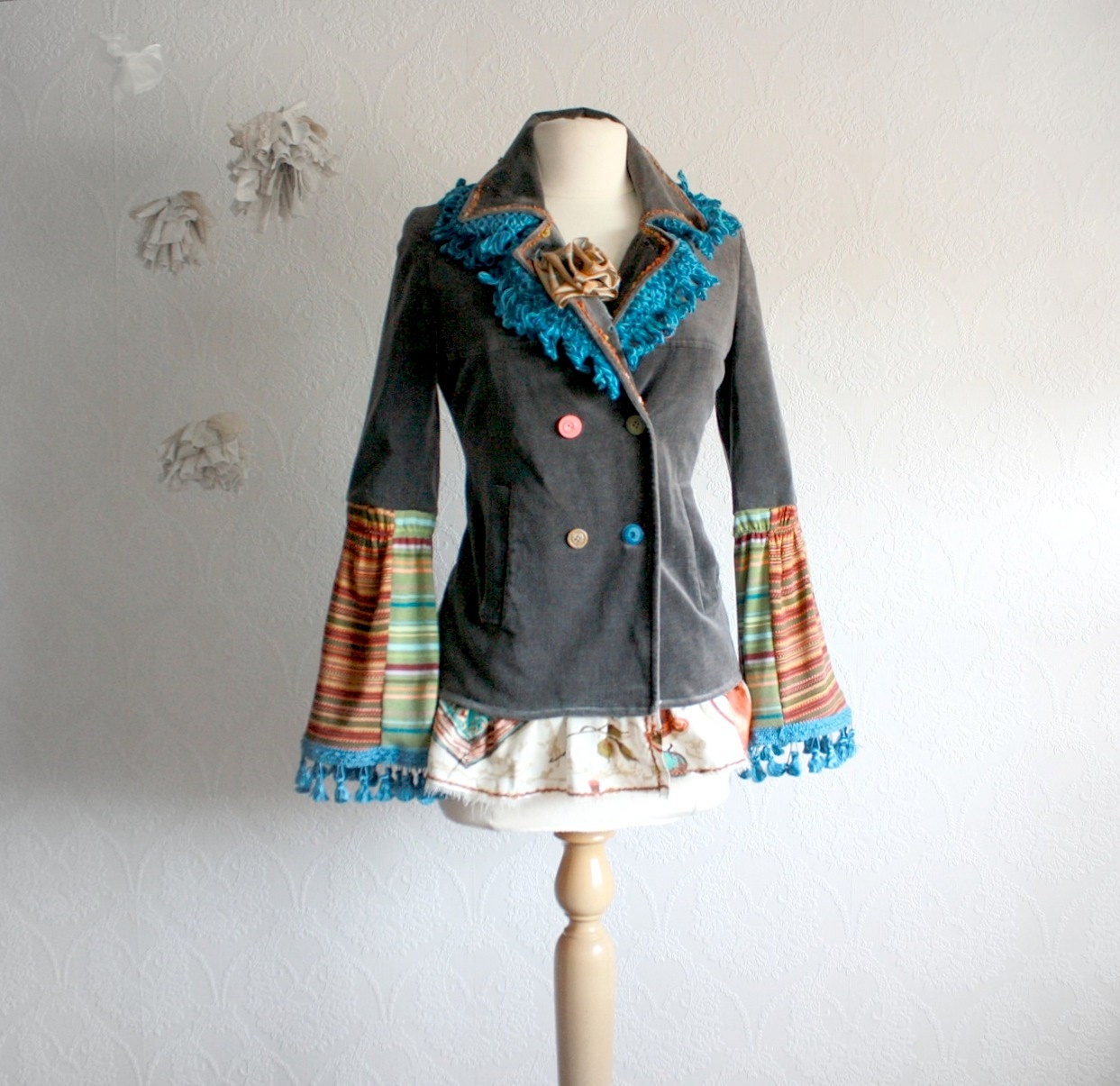 Bohemian Jacket Women's Upcycled Fringe Blazer Gray Velvet