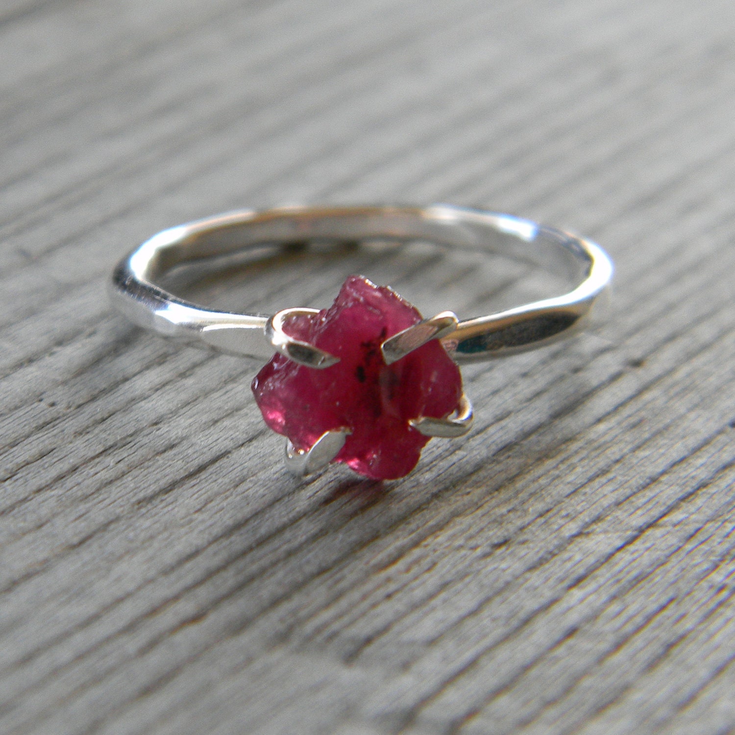 Rough Ruby Ring Raw Rustic Prong Set Gem in Sterling Silver