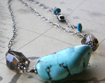 Turquoise and Smokey Quartz Nugget Necklace, Boho Necklace, Rustic Aqua Necklace