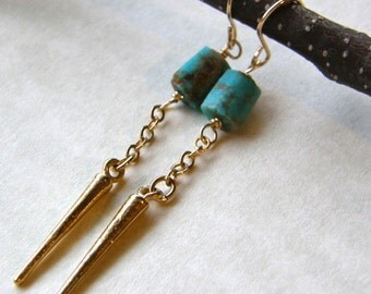 Dainty Turquoise Earrings, Gold Spike Earrings, Tribal Earrings
