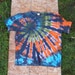 Blue, Orange and Green on Black Spiral Tie Dye T-Shirt (Size L) (Hemp Shirt) (One of a Kind)