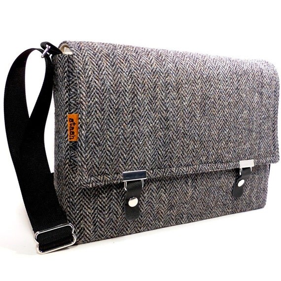 Messenger bag for 11 MacBook Air gray herringbone by MooseAndPine