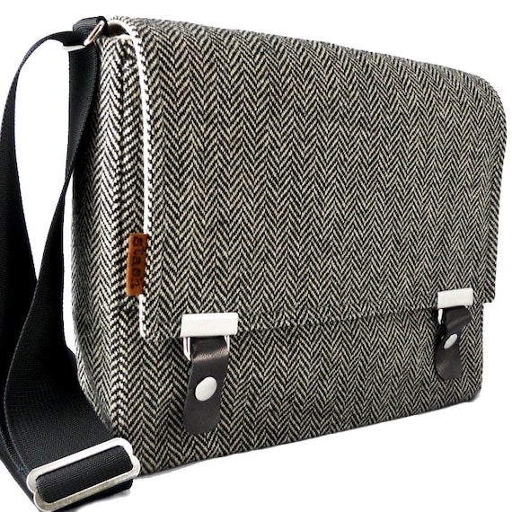 iPad messenger bag gray herringbone wool