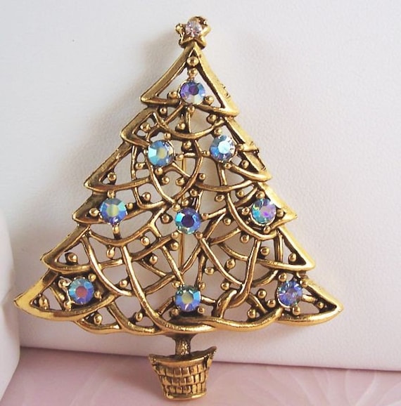 Items Similar To Vintage Christmas Tree Brooch With Colorful ...