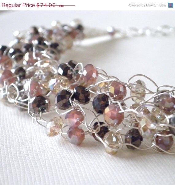ON SALE Beaded Wire Crochet Necklace Faceted Glass Silver
