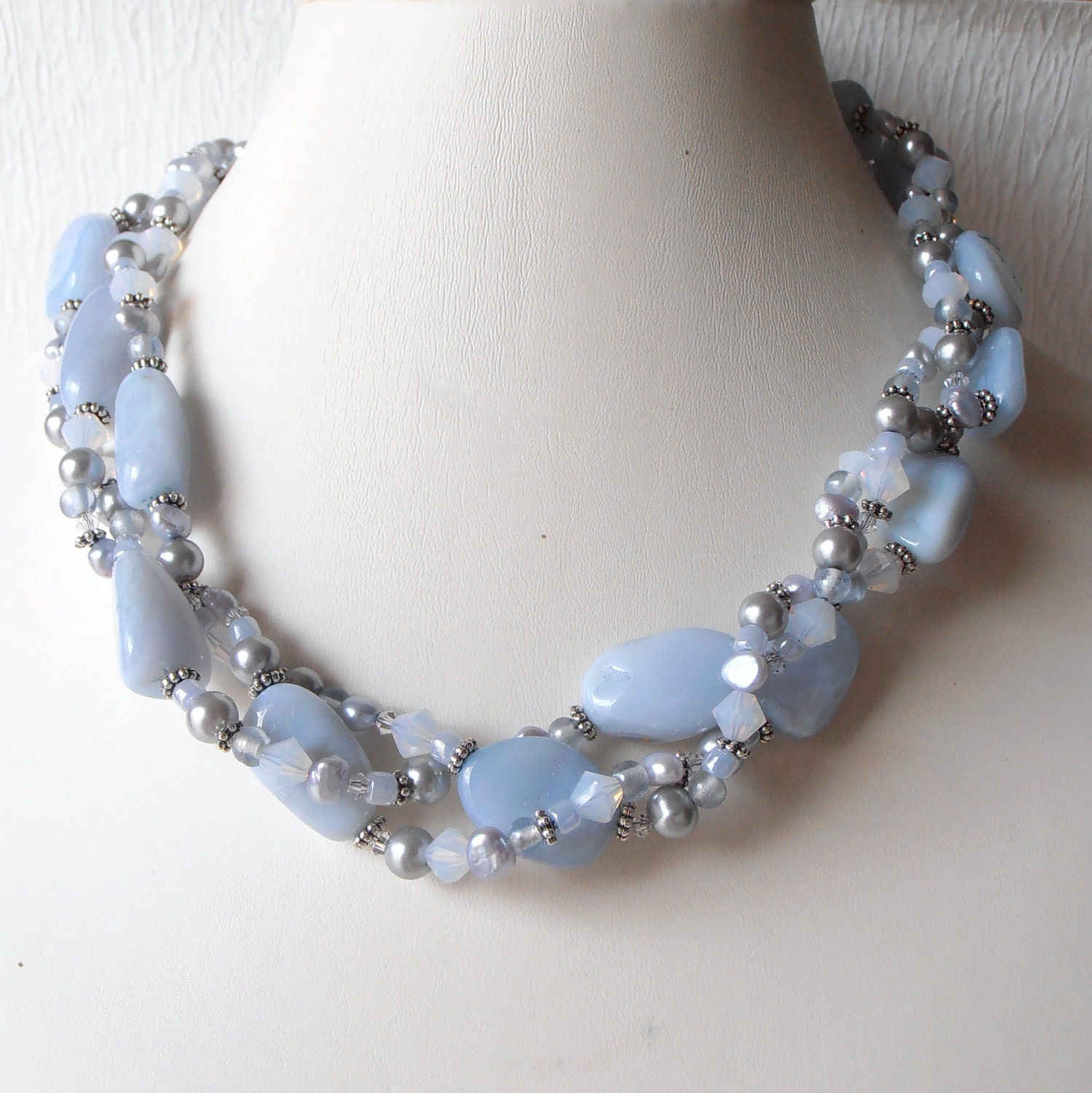Valentines Sale Chunky Necklace Light Blue Agate Beaded