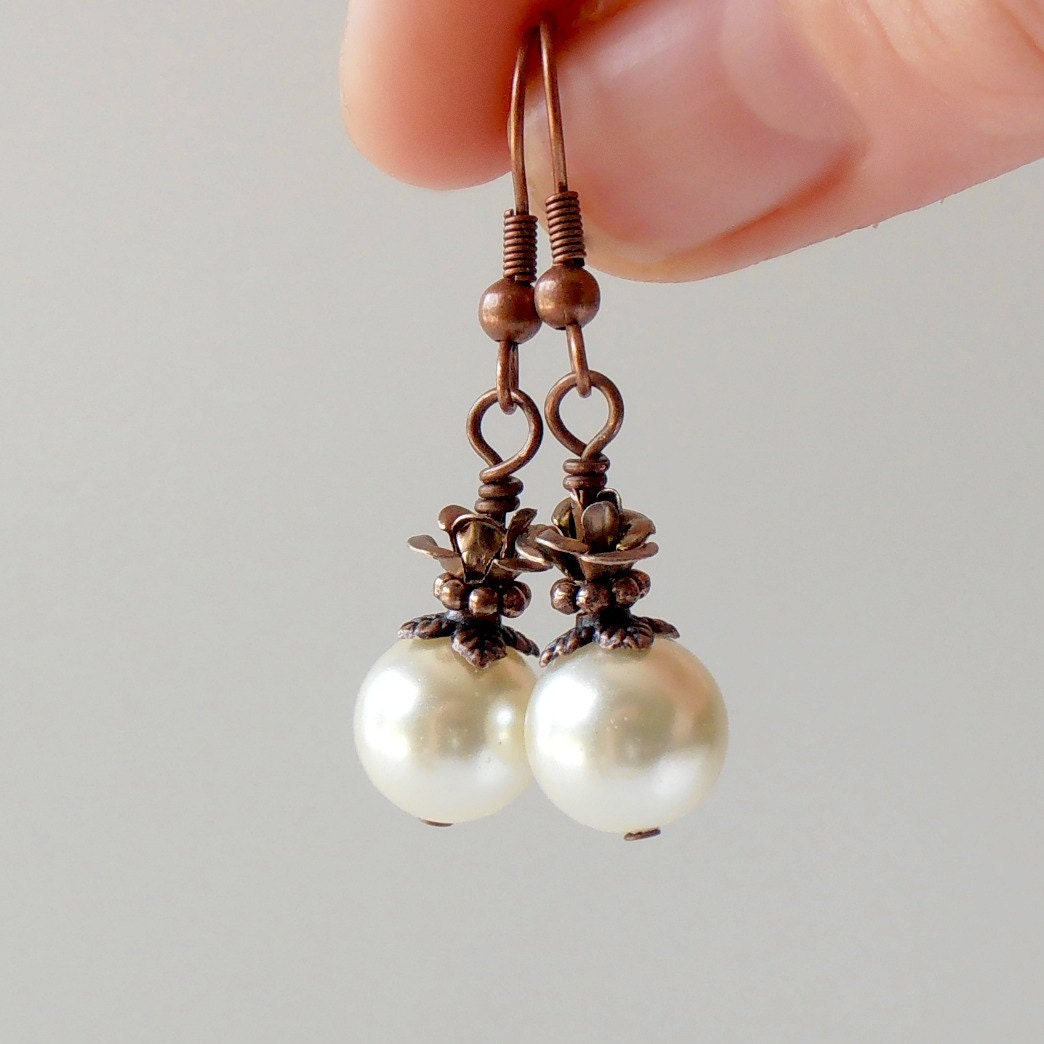 Ivory Pearl Earrings in Antiqued Copper Ivory Bridal Jewelry