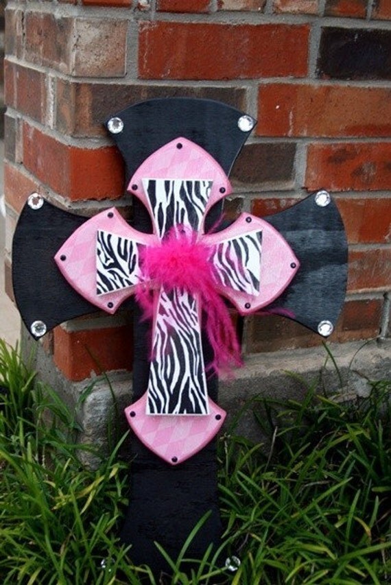 Items similar to Pink and Black Large Bling Cross on Etsy