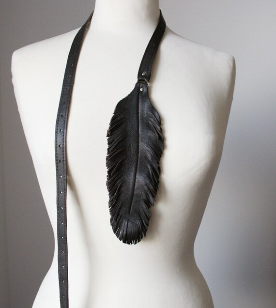Items similar to double wrap leather belt with hanging feather - DARK ...