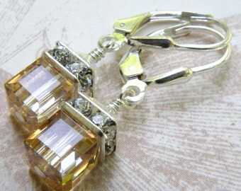 Yellow Cube Earrings, Petite Champagne Swarovski Drop, Sterling Silver, Junior Bridesmaid, Topaz Hue November Birthday Teen Handmade Jewelry