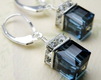 Sapphire Blue Earrings, Cube Swarovski Crystal, Sterling Silver, Drop Wedding Jewelry, Bridesmaid, September Birthday Birthstone, Handmade