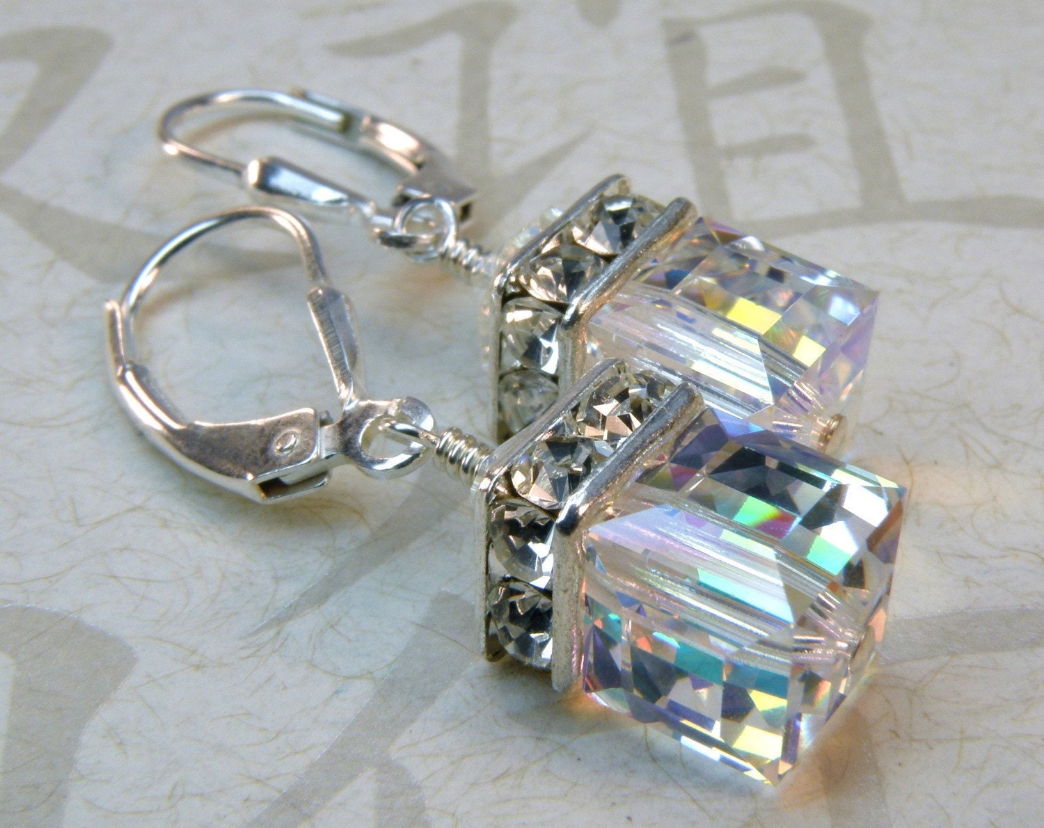 Drop Cube Earrings Clear Swarovski Crystal Sterling Silver