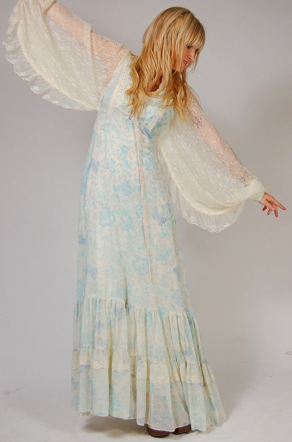 Vintage 70s GUNNE SAX Maxi Dress Unique BUTTERFLY Print Lace