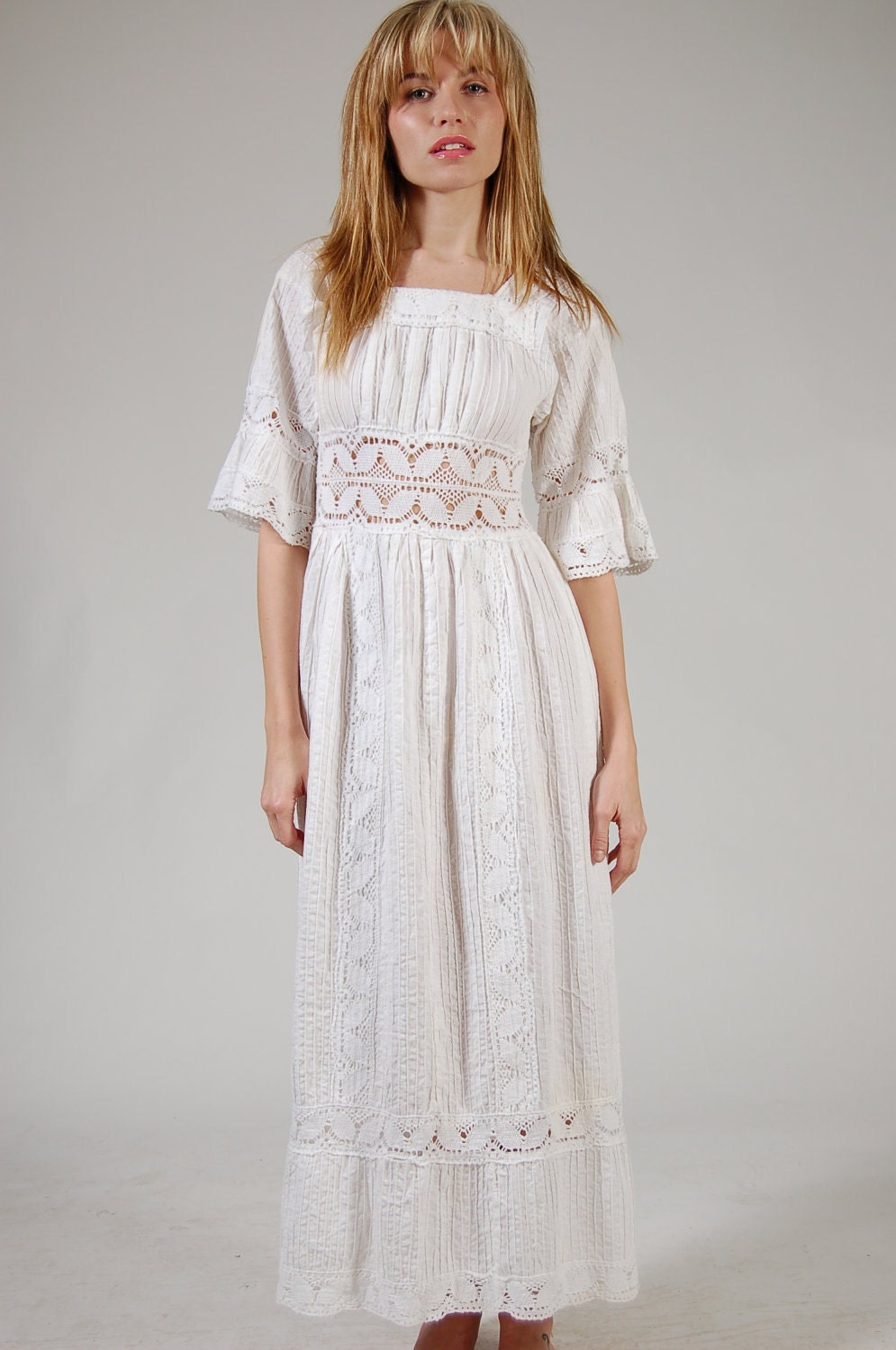 Vintage 70s MEXICAN Wedding Dress White CROCHET by LotusvintageNY