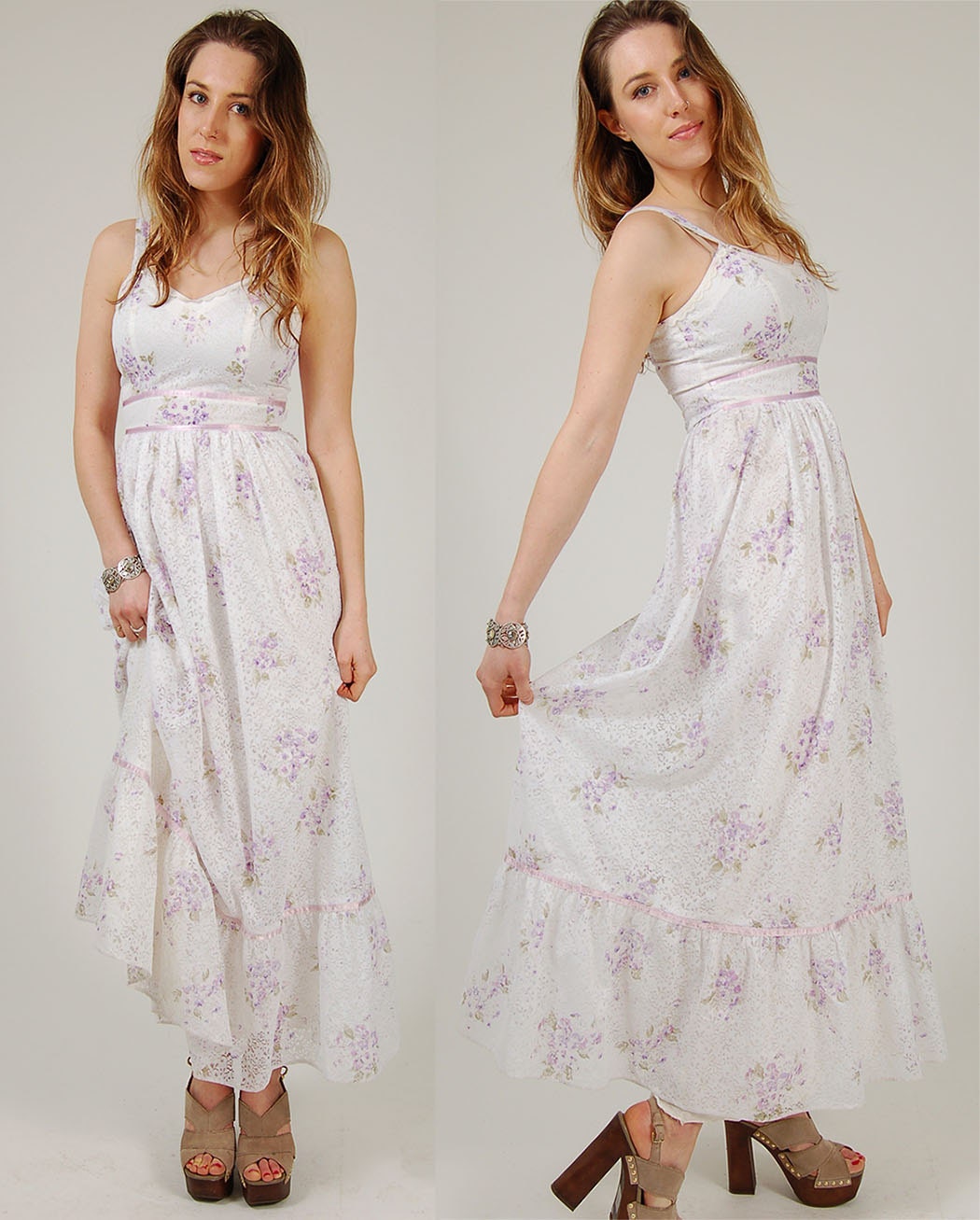 Vintage White Lace Maxi Dress Lavender Floral Romantic Prairie