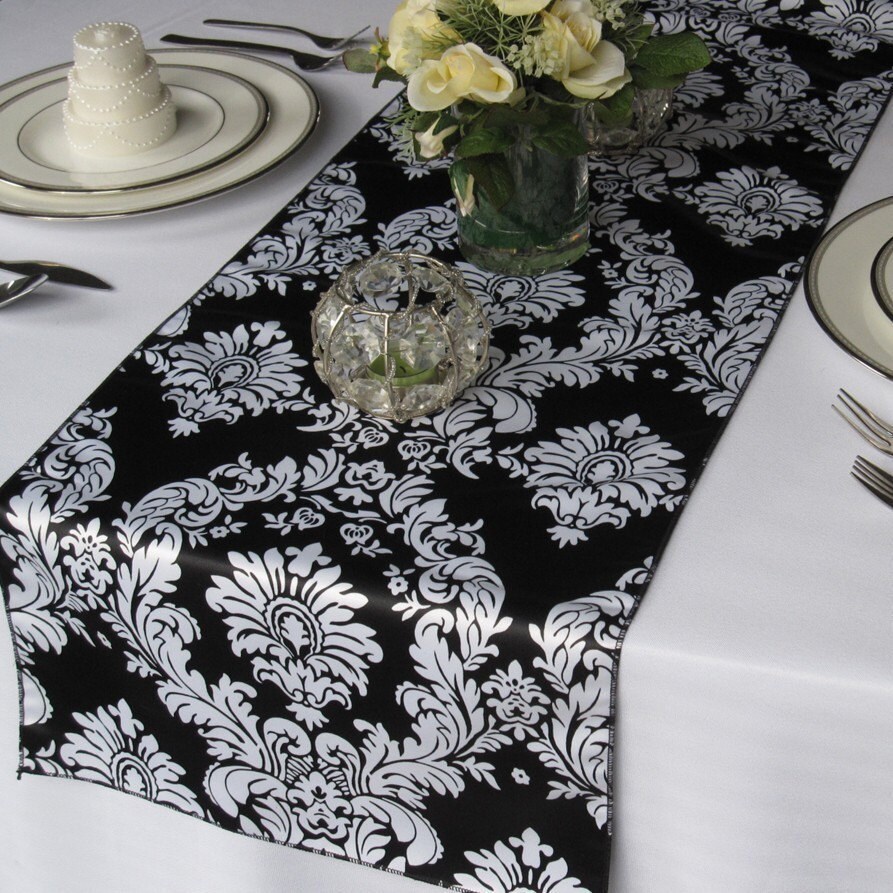 Black and White Satin Damask Table Runner