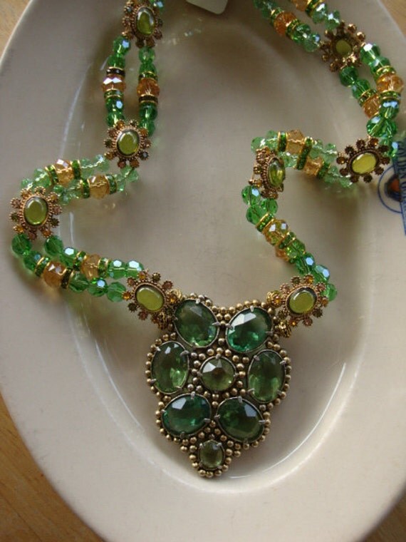 Large Peridot Art Deco Dress Clip Necklace With Swarovski