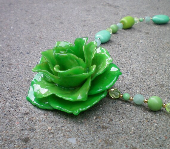 REAL Kelly Green ROSE and Green Turquoise and Crystal 14K GF